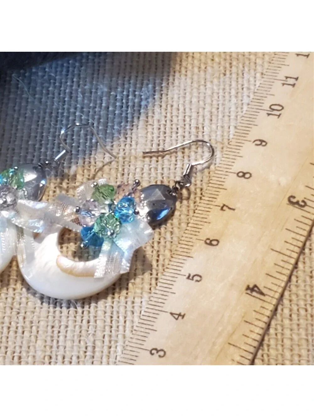 Handcrafted Retro Pearl Shell Czech Crystal White Satin Bows Dangle Earrings